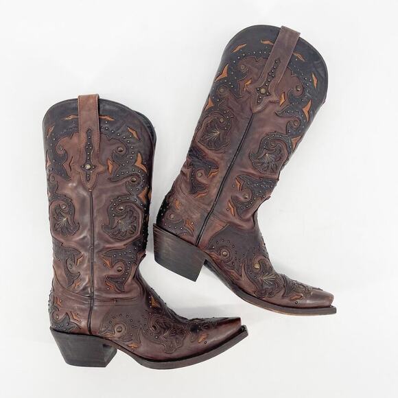 Lucchese Cafe/Chocolate Brown Fiona Studded Western Cowgirl Boot size 6 - Picture 3 of 11